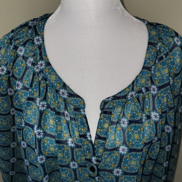 Liz Claiborne Green Blue Print Popover 3/4 Sleeve Boho Chiffon Blouse Women SZ L - Picture 8 of 13